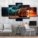 Milkyway Galaxy Pirate Ship 5 Panels Canvas Prints Wall Art Home Decor, Large Mixed Canvas