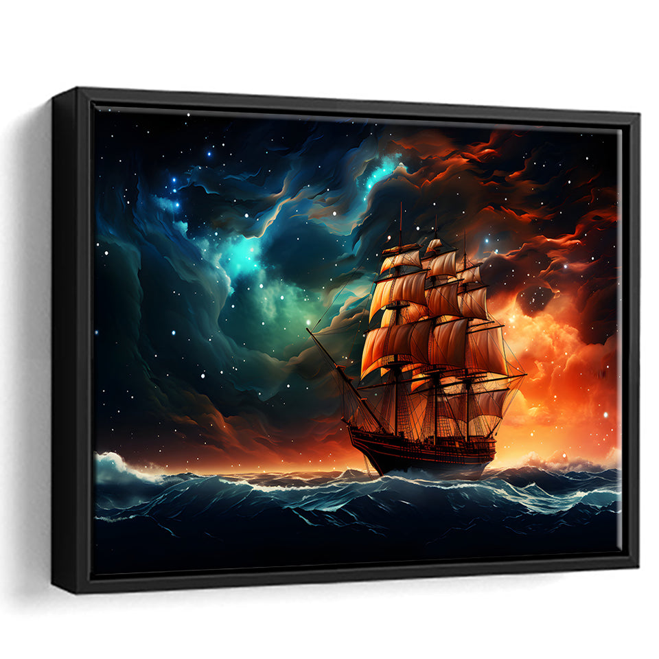 Milkyway Galaxy Pirate Ship Framed Canvas Prints Wall Art Home Decor, Painting Canvas, Floating Frame