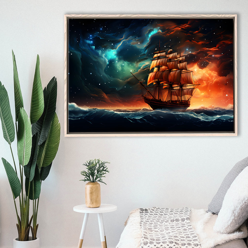Milkyway Galaxy Pirate Ship Framed Canvas Prints Wall Art Home Decor, Painting Canvas, Floating Frame