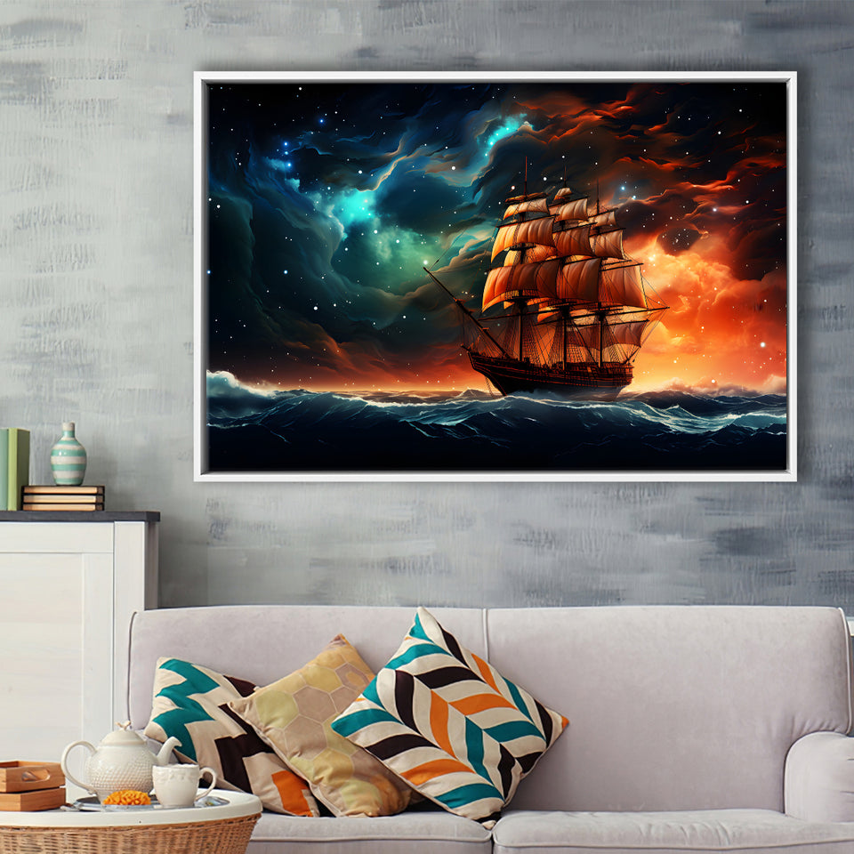 Milkyway Galaxy Pirate Ship Framed Canvas Prints Wall Art Home Decor, Painting Canvas, Floating Frame