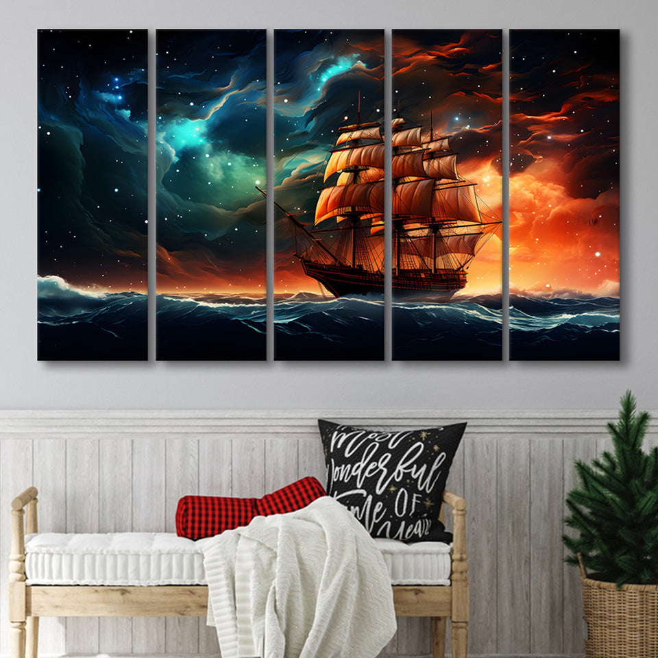 Milkyway Galaxy Pirate Ship 5 Panels B Canvas Prints Wall Art Home Decor, Extra Large Canvas