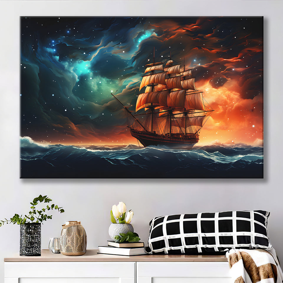 Milkyway Galaxy Pirate Ship Canvas Prints Wall Art Home Decor, Painting Canvas, Living Room Wall Decor