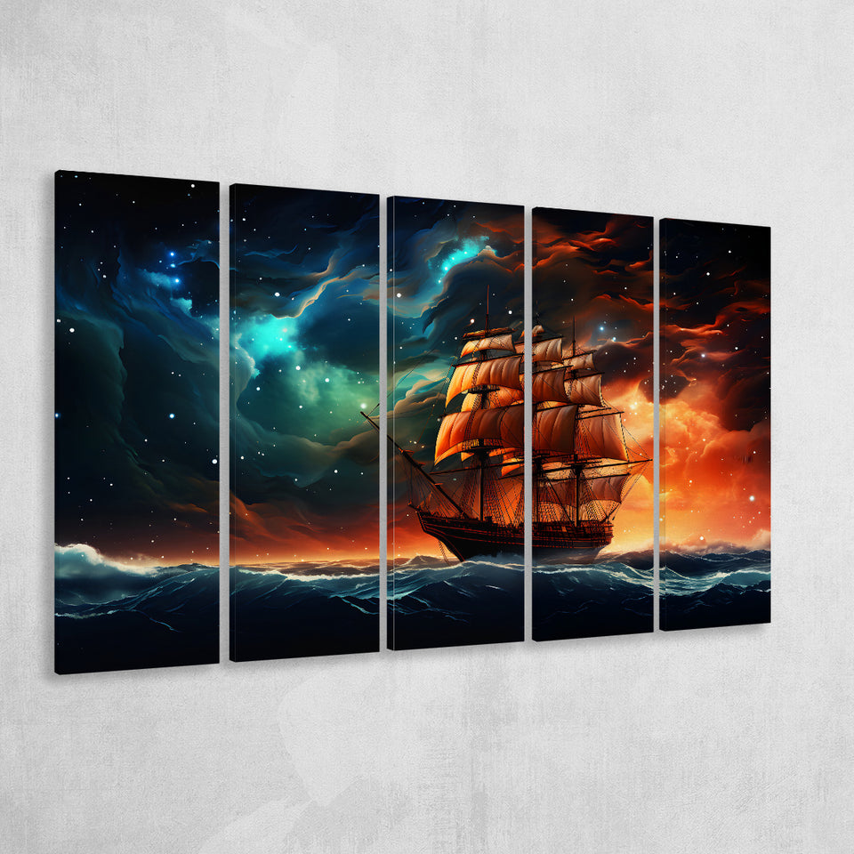 Milkyway Galaxy Pirate Ship 5 Panels B Canvas Prints Wall Art Home Decor, Extra Large Canvas