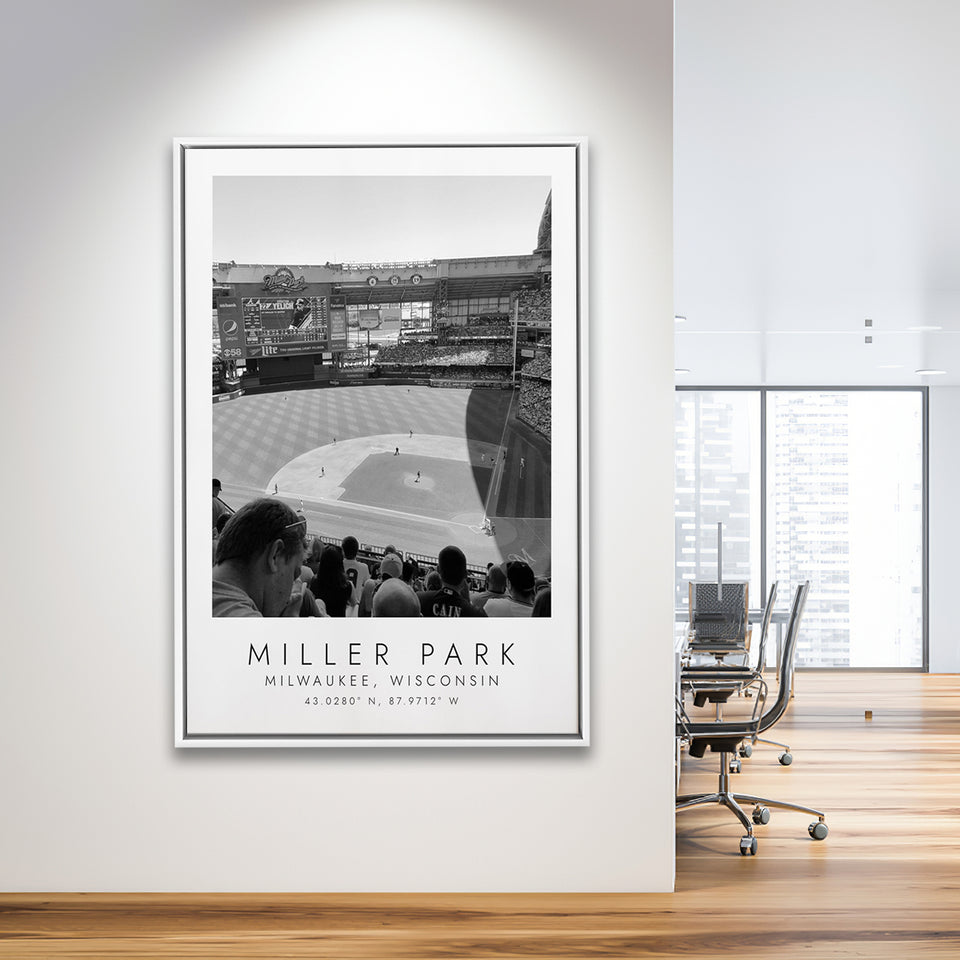 Miller Park Milwaukee Brewers Baseball Lovers Black And White Art Framed Canvas Prints Wall Art Home Decor, Floating Frame