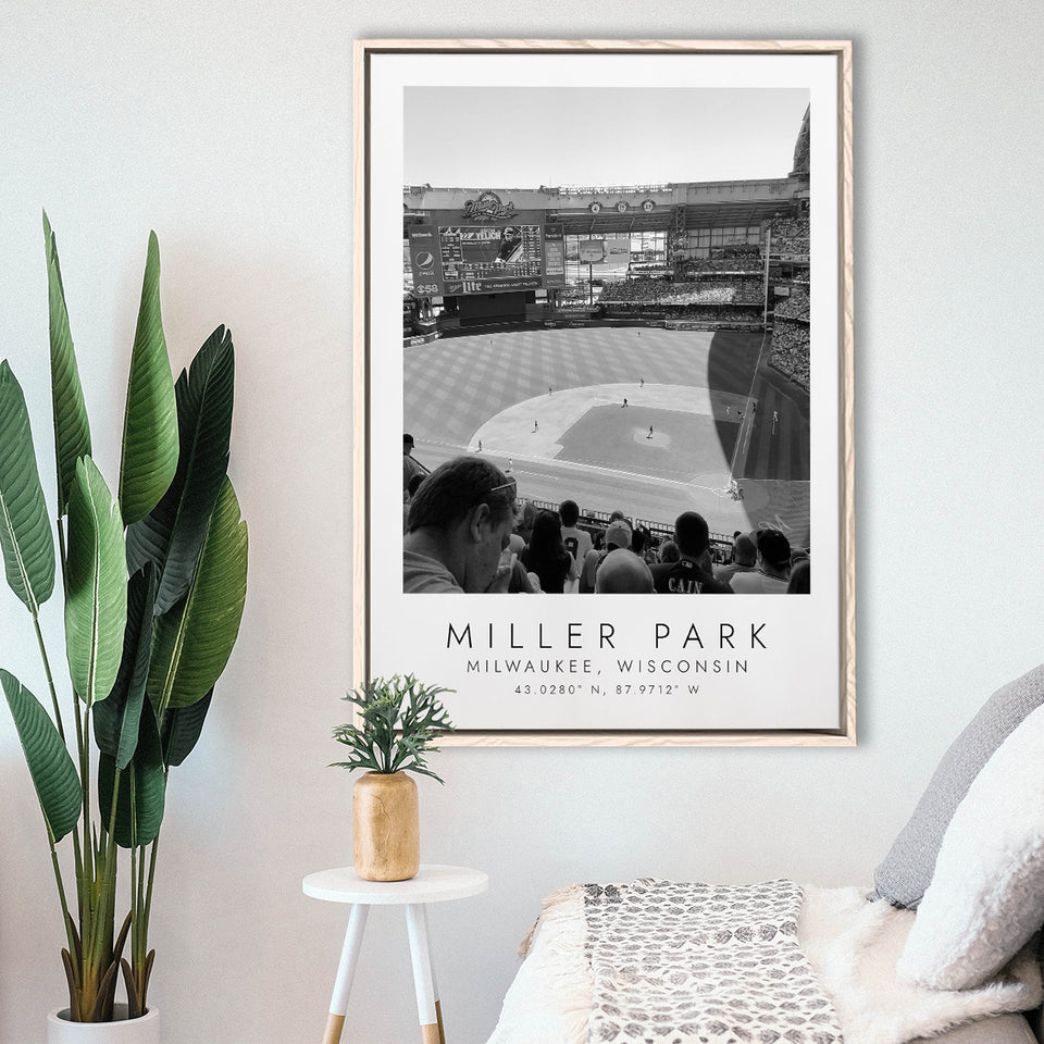 Miller Park Milwaukee Brewers Baseball Lovers Black And White Art Framed Canvas Prints Wall Art Home Decor, Floating Frame