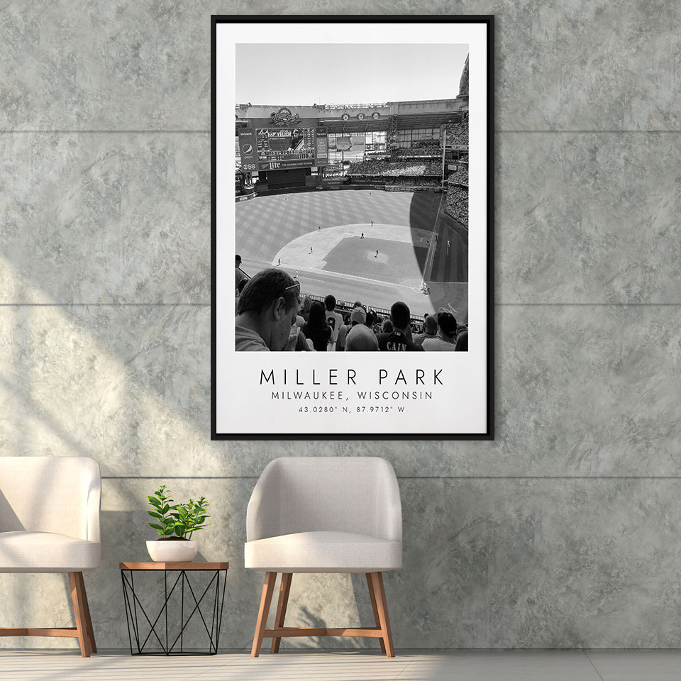 Miller Park Milwaukee Brewers Baseball Lovers Black And White Art Framed Canvas Prints Wall Art Home Decor, Floating Frame