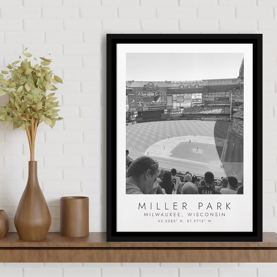Miller Park Milwaukee Brewers Baseball Lovers Black And White Art Framed Canvas Prints Wall Art Home Decor, Floating Frame
