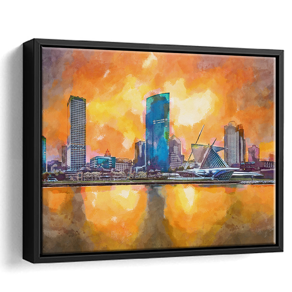 Milwaukee Wisconsin Usa Downtown City Skyline V1 City Art Watercolor Framed Canvas Prints Wall Art Home Decor,Floating Frame