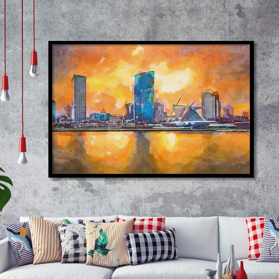 Milwaukee Wisconsin Usa Downtown City Skyline V1 City Art Watercolor Framed Art Prints Wall Art Decor,Framed Picture