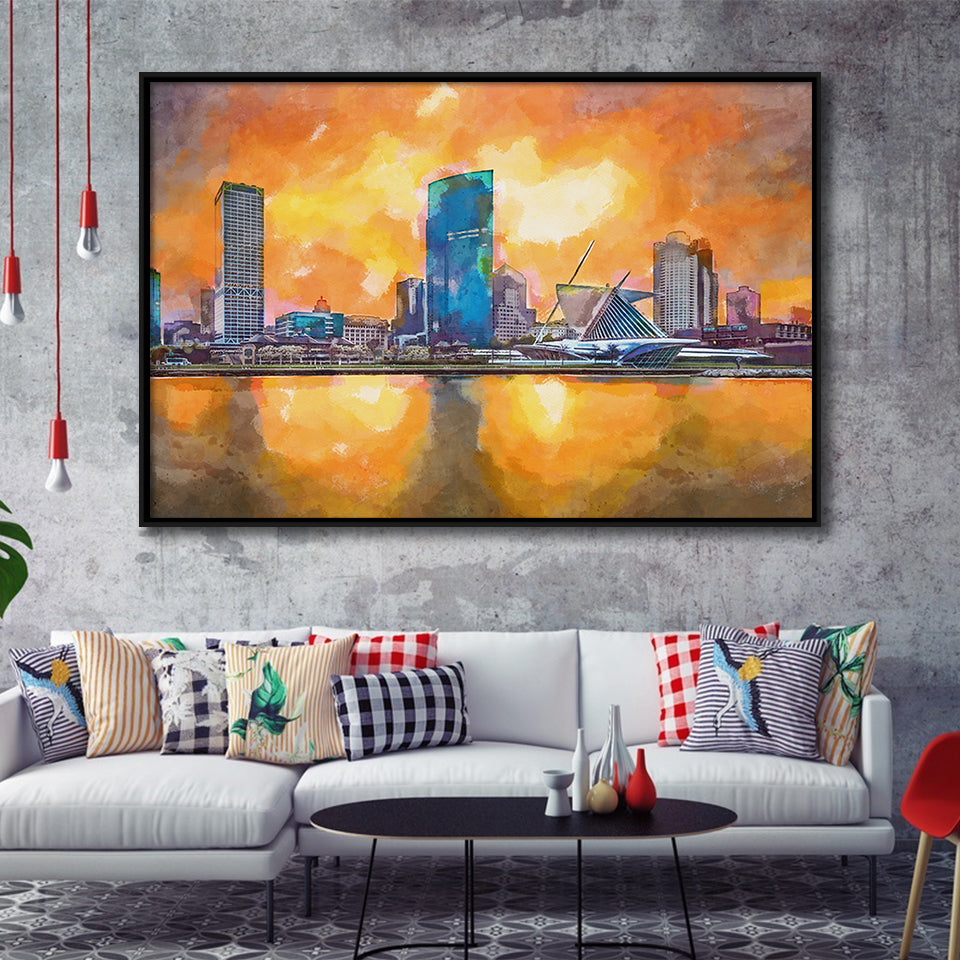 Milwaukee Wisconsin Usa Downtown City Skyline V1 City Art Watercolor Framed Canvas Prints Wall Art Home Decor,Floating Frame