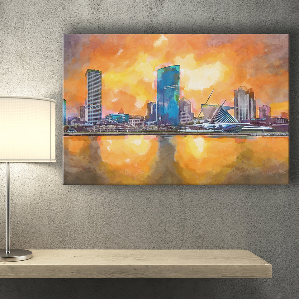 Milwaukee Wisconsin Usa Downtown City Skyline V1 City Art Watercolor Canvas Prints Wall Art Home Decor, Large Canvas