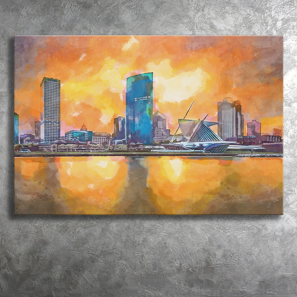 Milwaukee Wisconsin Usa Downtown City Skyline V1 City Art Watercolor Canvas Prints Wall Art Home Decor, Large Canvas