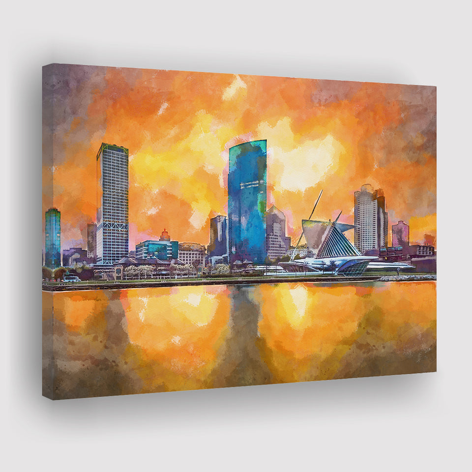 Milwaukee Wisconsin Usa Downtown City Skyline V1 City Art Watercolor Canvas Prints Wall Art Home Decor, Large Canvas