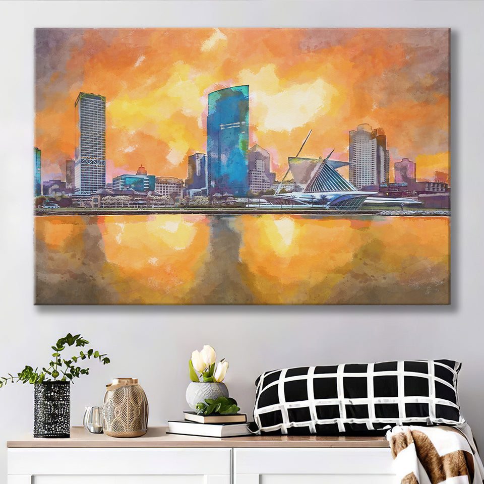 Milwaukee Wisconsin Usa Downtown City Skyline V1 City Art Watercolor Canvas Prints Wall Art Home Decor, Large Canvas