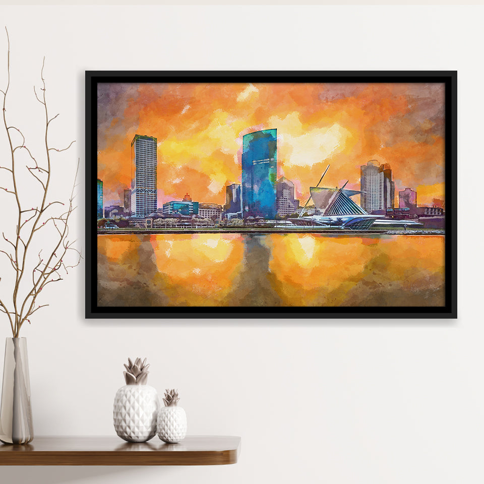 Milwaukee Wisconsin Usa Downtown City Skyline V1 City Art Watercolor Framed Canvas Prints Wall Art Home Decor,Floating Frame