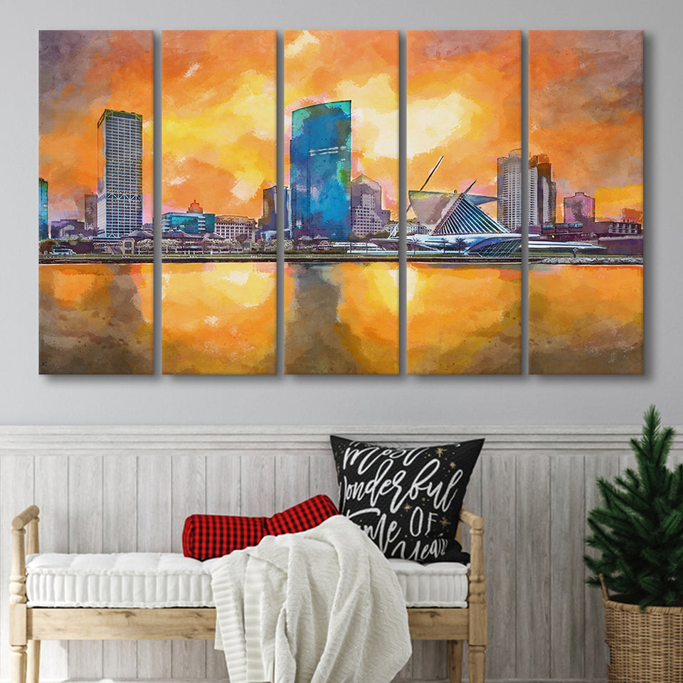Milwaukee Wisconsin Usa Downtown City Skyline V1 5 Pieces Extra Large Canvas Prints Wall Art Home Decor