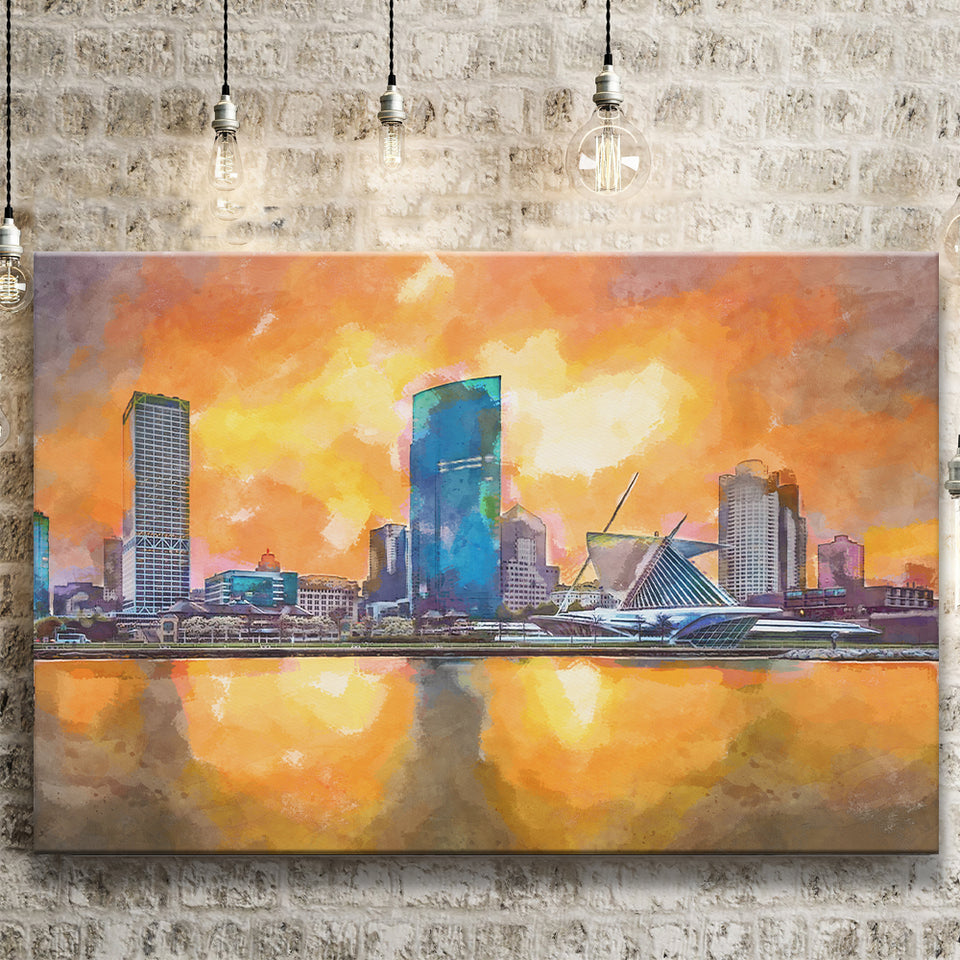 Milwaukee Wisconsin Usa Downtown City Skyline V1 City Art Watercolor Canvas Prints Wall Art Home Decor, Large Canvas