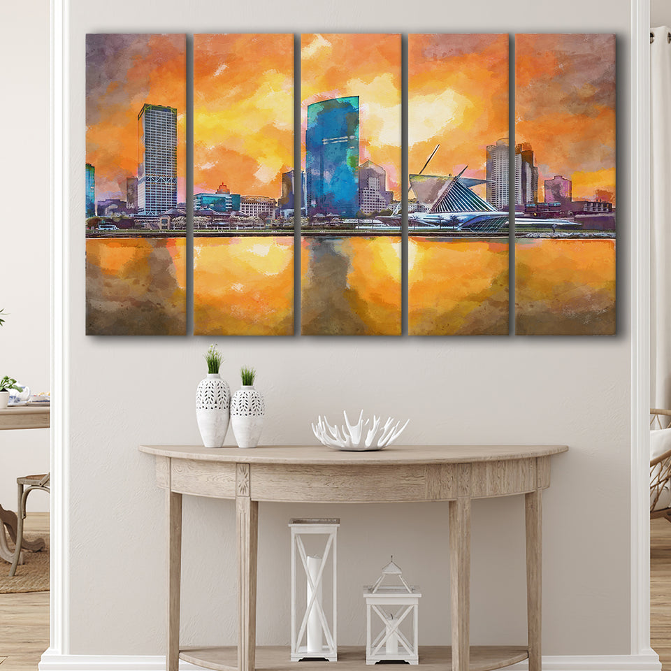 Milwaukee Wisconsin Usa Downtown City Skyline V1 5 Pieces Extra Large Canvas Prints Wall Art Home Decor