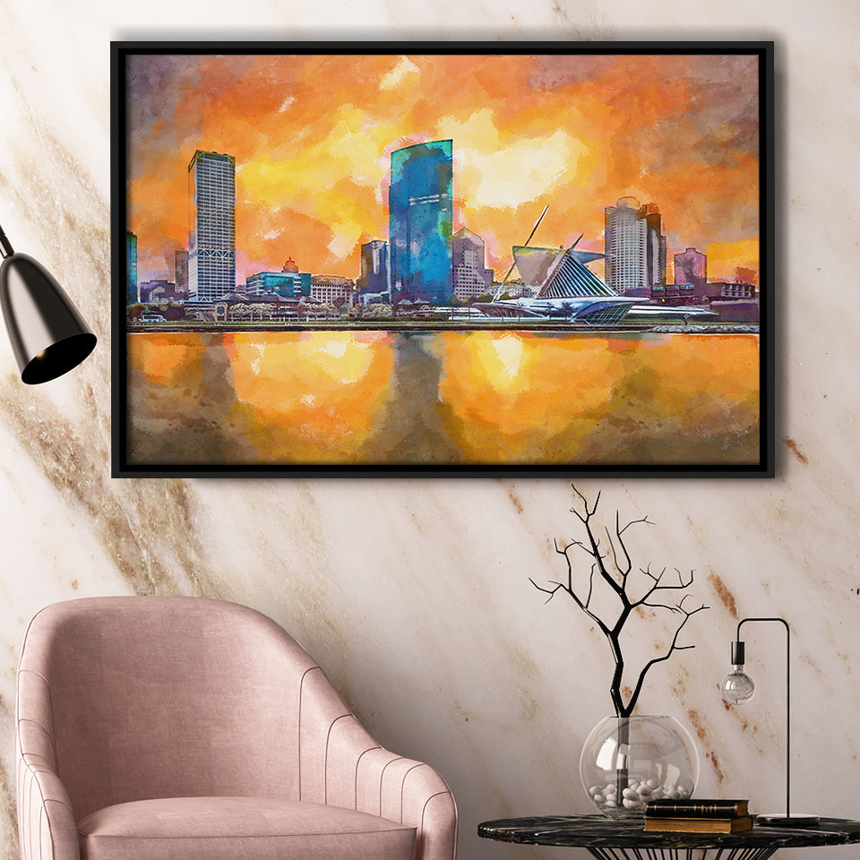 Milwaukee Wisconsin Usa Downtown City Skyline V1 City Art Watercolor Framed Canvas Prints Wall Art Home Decor,Floating Frame