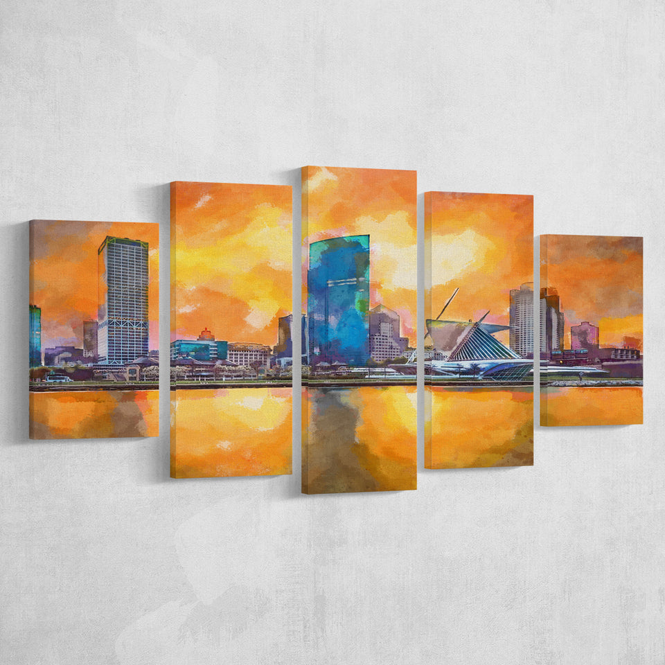 Milwaukee Wisconsin Usa Downtown City Skyline V1 5 Pieces Mixed Canvas Prints Wall Art Home Decor