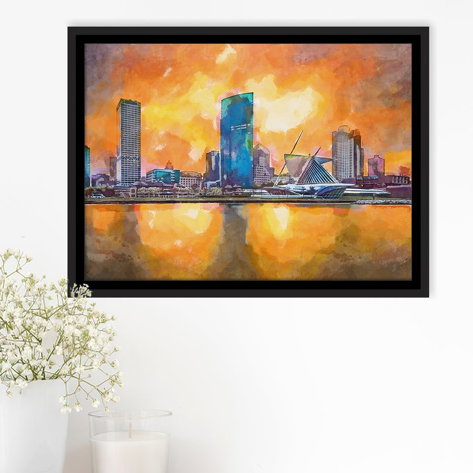 Milwaukee Wisconsin Usa Downtown City Skyline V1 City Art Watercolor Framed Canvas Prints Wall Art Home Decor,Floating Frame
