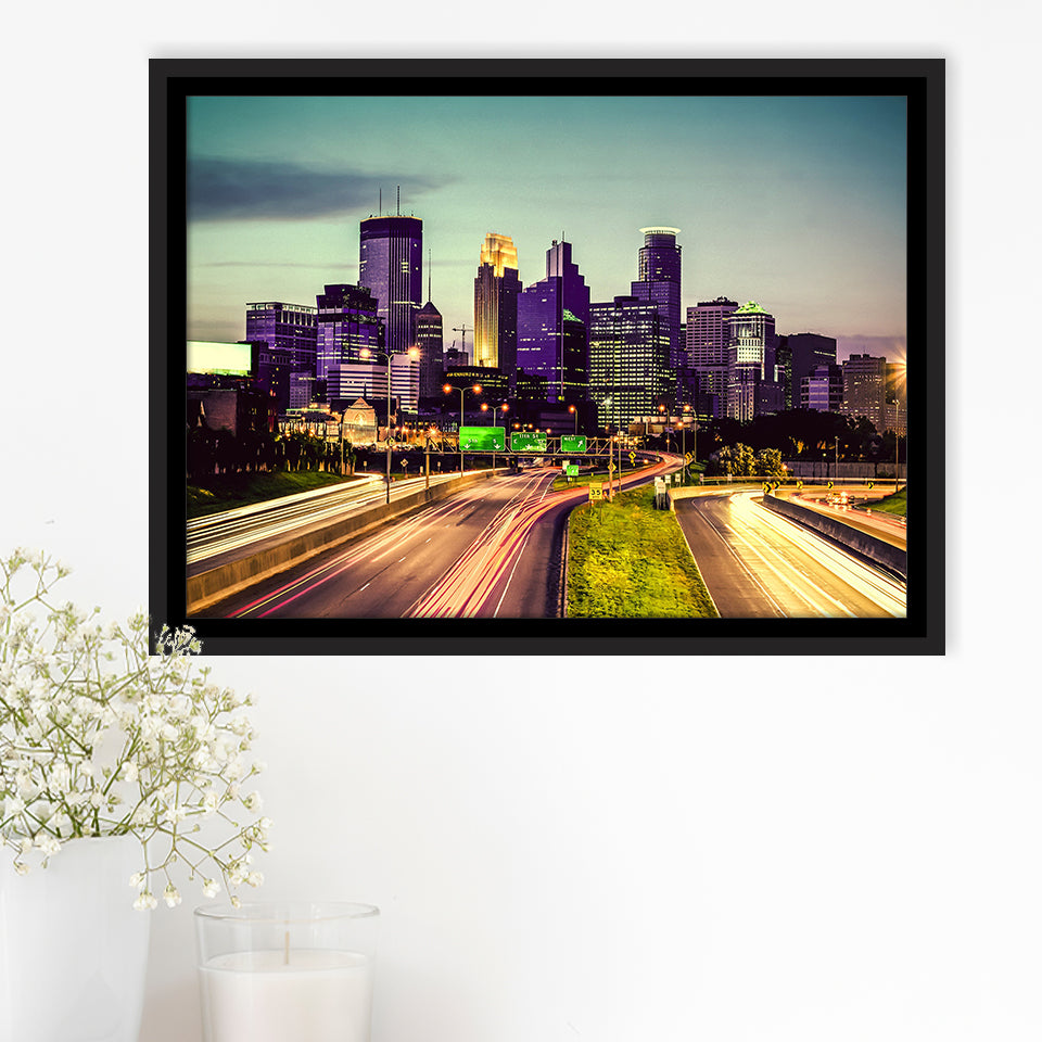 Minneapolis, Minneapolis Skyline Framed Canvas Prints Wall Art Decor, Black Floating Frame