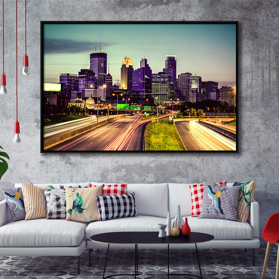 Minneapolis, Minneapolis Skyline Framed Canvas Prints Wall Art Decor, Black Floating Frame