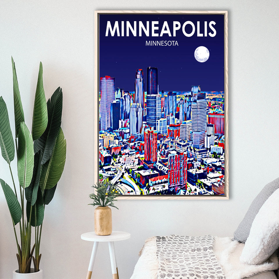 Minneapolis Minnesota Art Night Landscape, Large Canvas, Framed Canvas Print Wall Art Home Decor, Floating Frame