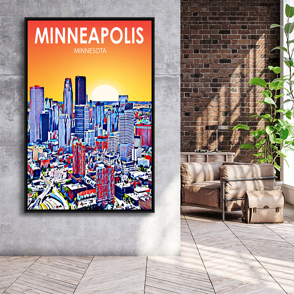 Minneapolis Minnesota Art Sunset Landscape, Large Canvas, Framed Canvas Print Wall Art Home Decor, Floating Frame