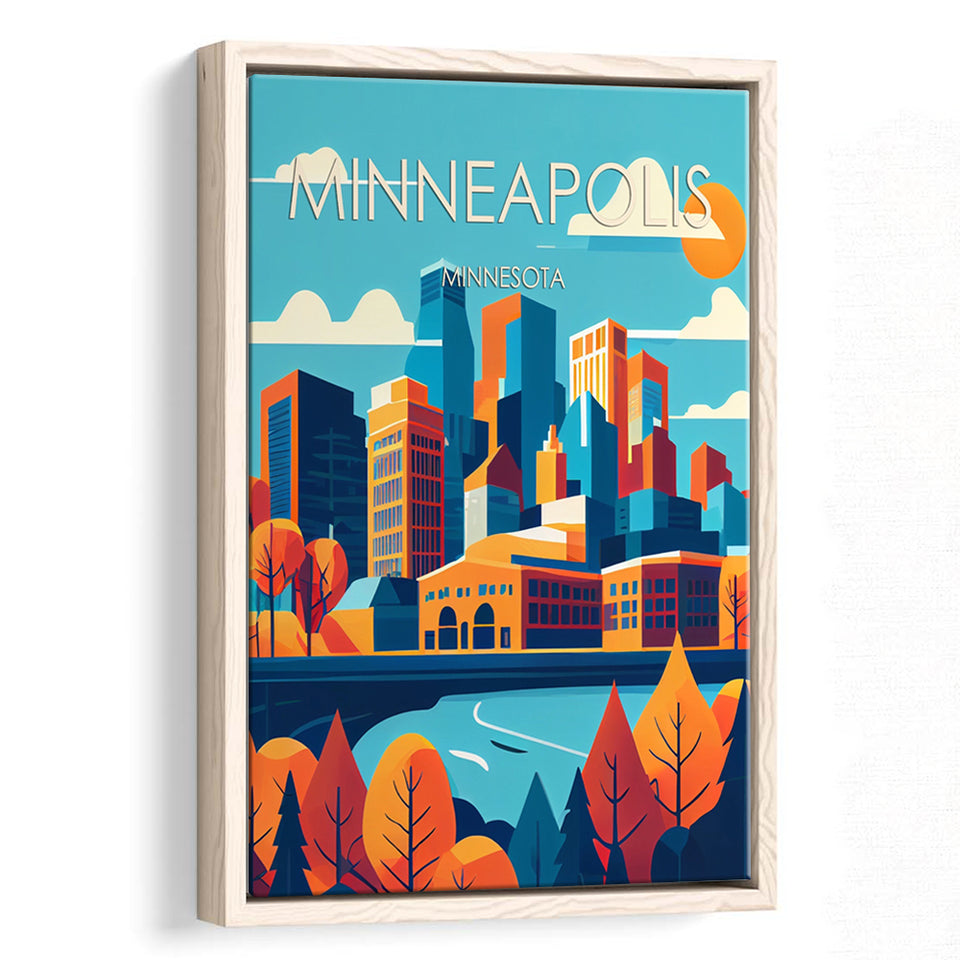 Minneapolis Retro Art Print, Large Canvas, Framed Canvas Print Wall Art Home Decor, Floating Frame