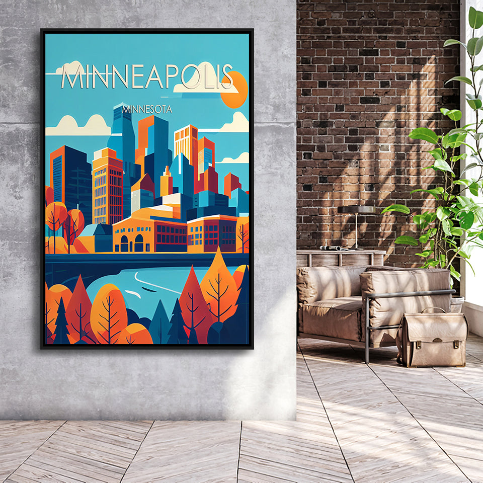 Minneapolis Retro Art Print, Large Canvas, Framed Canvas Print Wall Art Home Decor, Floating Frame