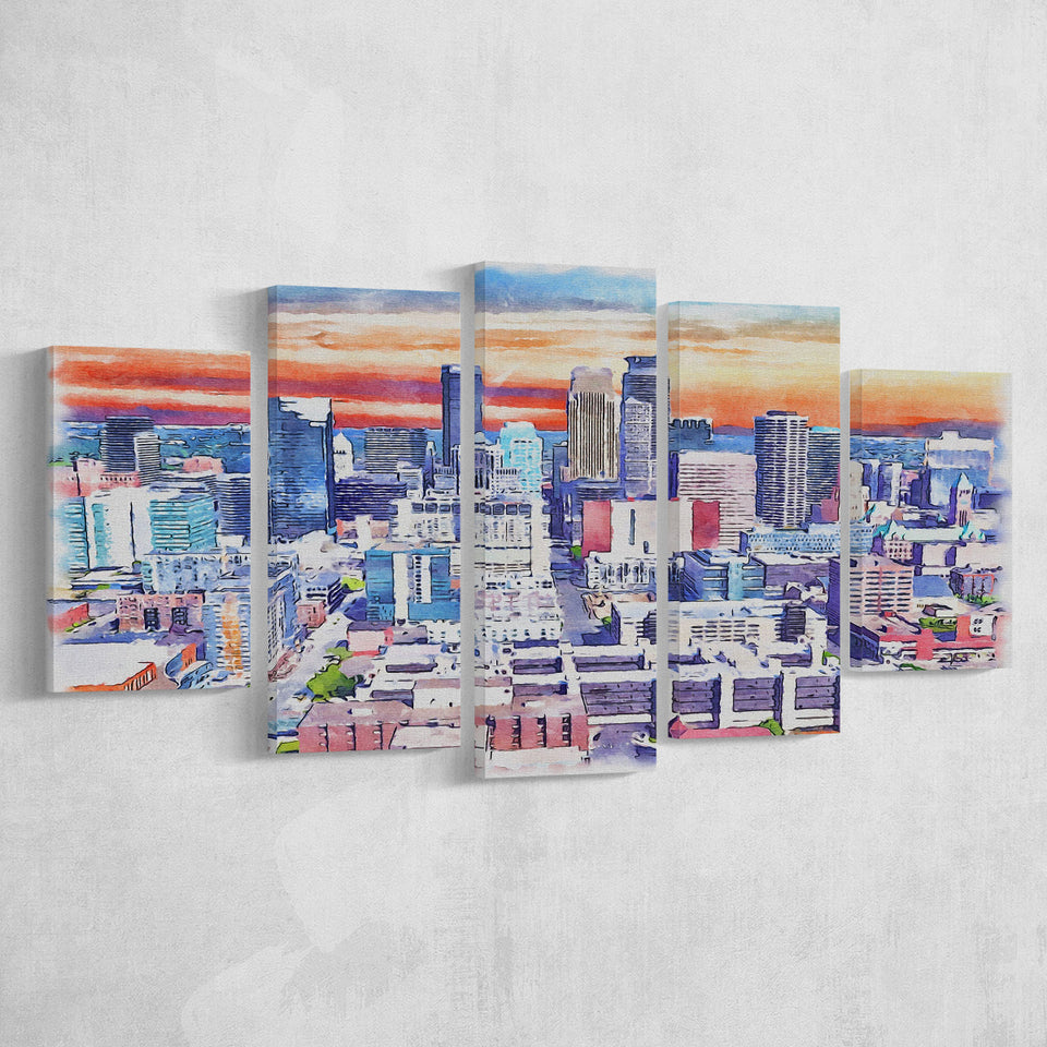 Minneapolis Watercolor Minneapolis Minnesota, 5 Pieces, Multi Panel Canvas Prints Wall Art Decor
