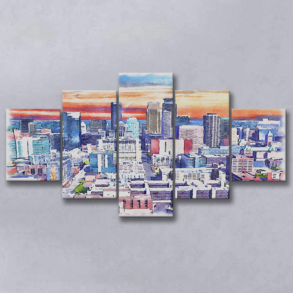 Minneapolis Watercolor Minneapolis Minnesota, 5 Pieces, Multi Panel Canvas Prints Wall Art Decor