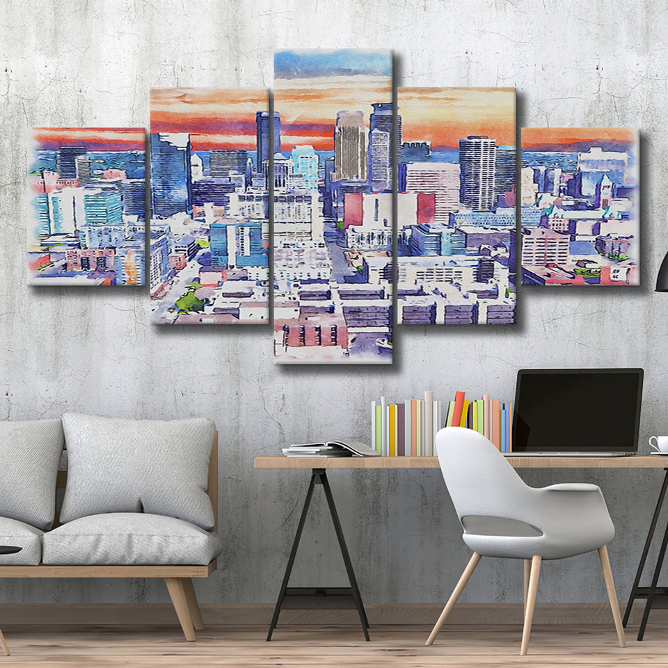 Minneapolis Watercolor Minneapolis Minnesota, 5 Pieces, Multi Panel Canvas Prints Wall Art Decor