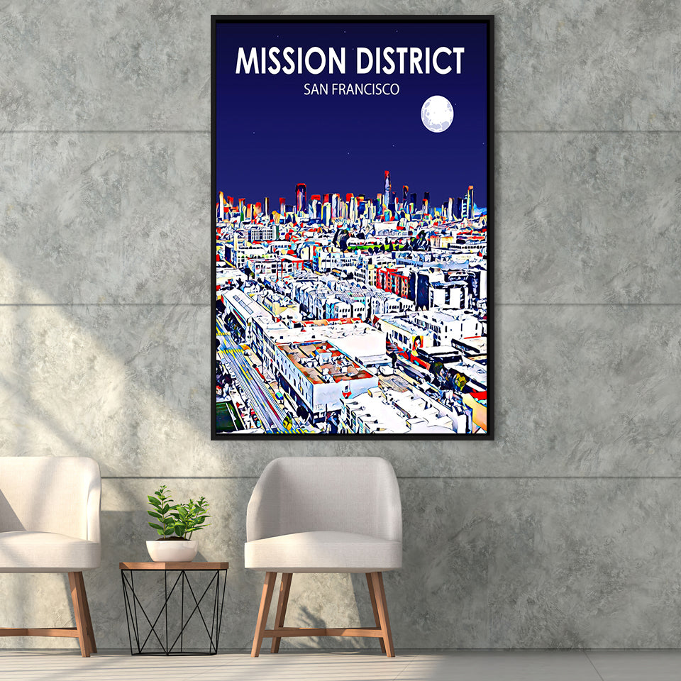 Mission District San Francisco Night Landscape, Large Canvas, Framed Canvas Print Wall Art Home Decor, Floating Frame