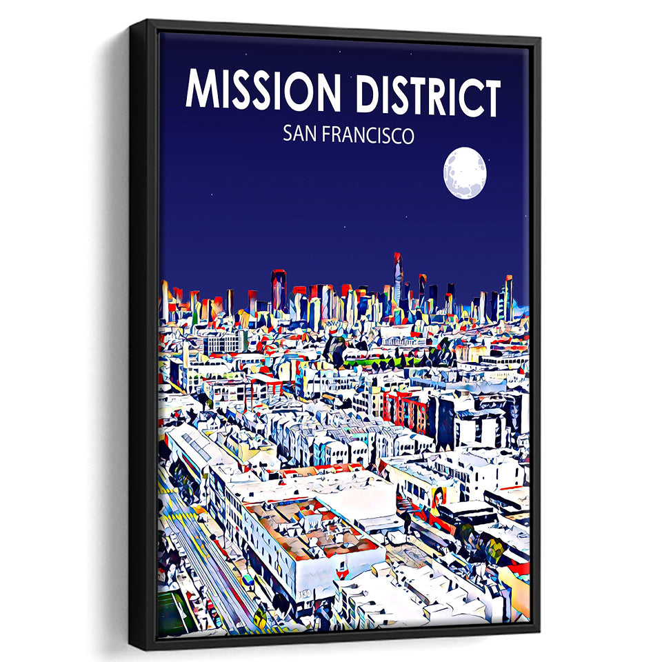Mission District San Francisco Night Landscape, Large Canvas, Framed Canvas Print Wall Art Home Decor, Floating Frame