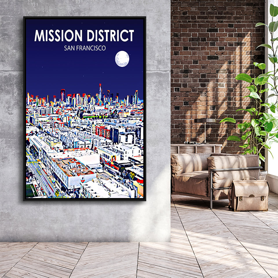 Mission District San Francisco Night Landscape, Large Canvas, Framed Canvas Print Wall Art Home Decor, Floating Frame