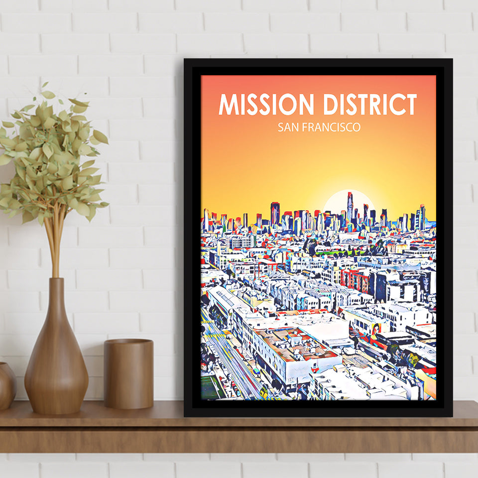Mission District San Francisco Sunset Landscape, Large Canvas, Framed Canvas Print Wall Art Home Decor, Floating Frame