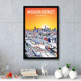 Mission District San Francisco Sunset Landscape, Large Canvas, Framed Canvas Print Wall Art Home Decor, Floating Frame