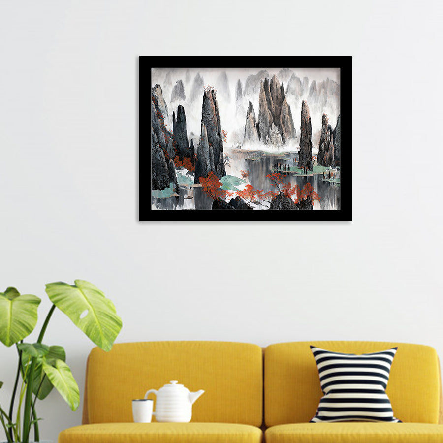 Misty Mountains And Water Framed Wall Art - Framed Prints, Art Prints, Print for Sale, Painting Prints