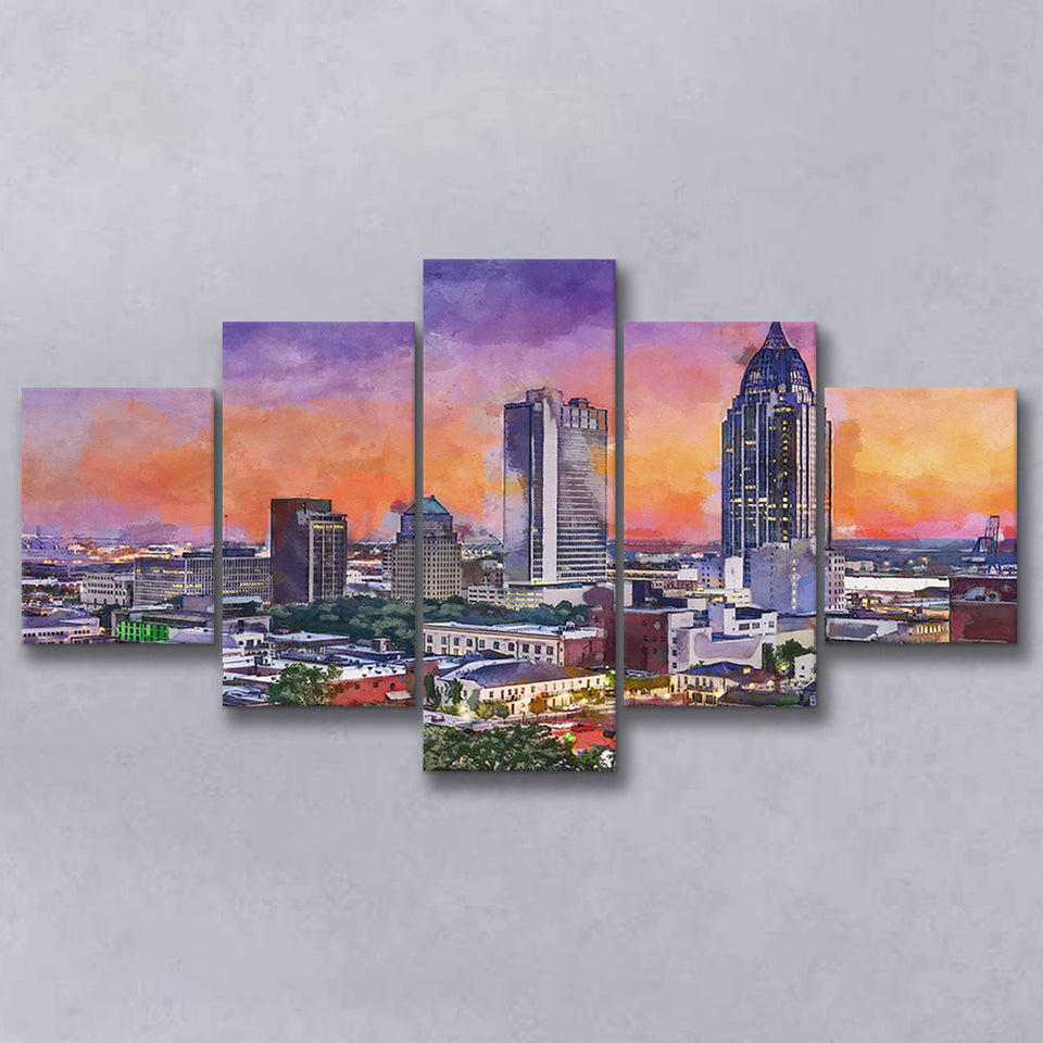 Mobile Alabama Usa Downtown Skyline Dusk 5 Pieces Mixed Canvas Prints Wall Art Home Decor
