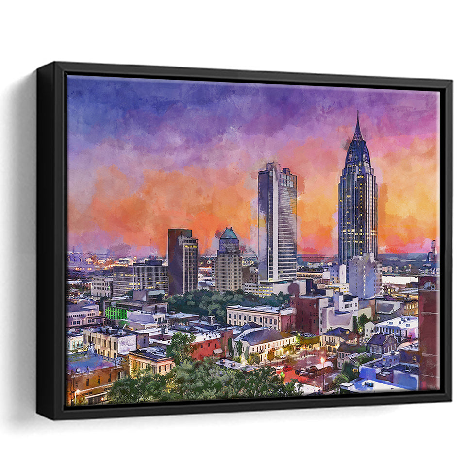 Mobile Alabama Usa Downtown Skyline Dusk City Art Watercolor Framed Canvas Prints Wall Art Home Decor,Floating Frame