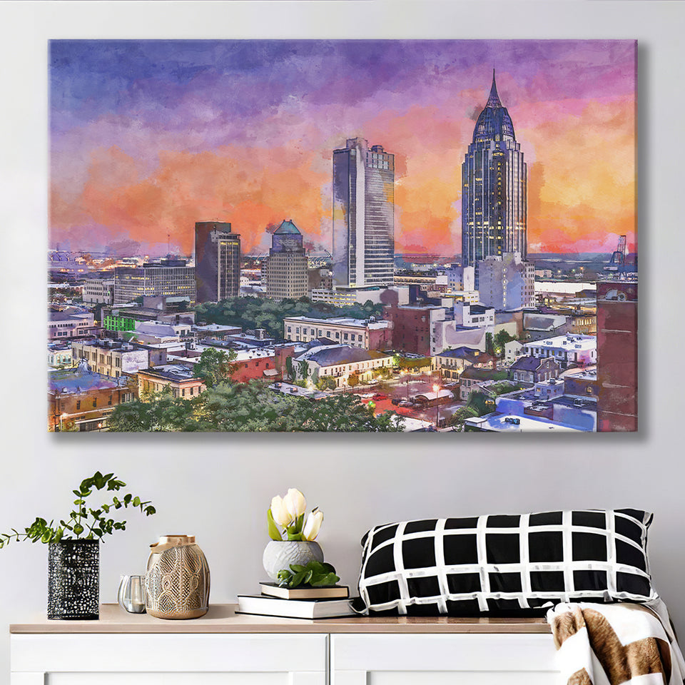 Mobile Alabama Usa Downtown Skyline Dusk City Art Watercolor Canvas Prints Wall Art Home Decor, Large Canvas