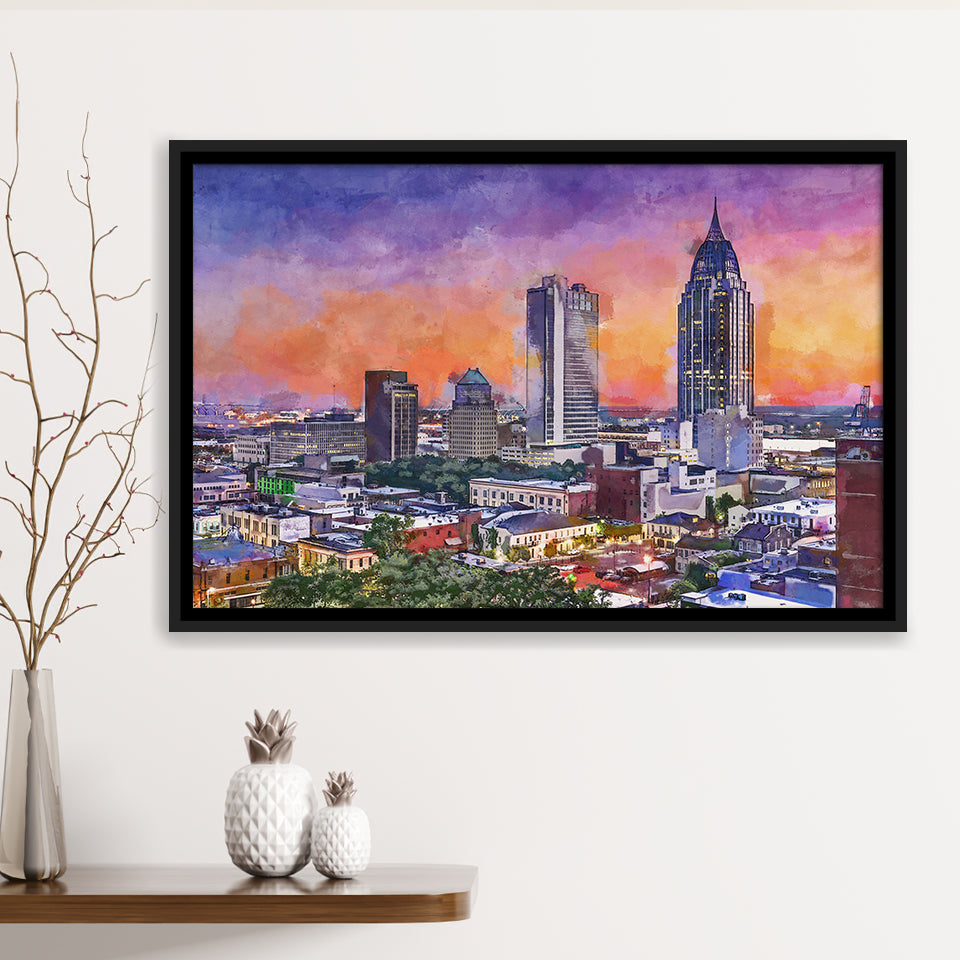 Mobile Alabama Usa Downtown Skyline Dusk City Art Watercolor Framed Canvas Prints Wall Art Home Decor,Floating Frame