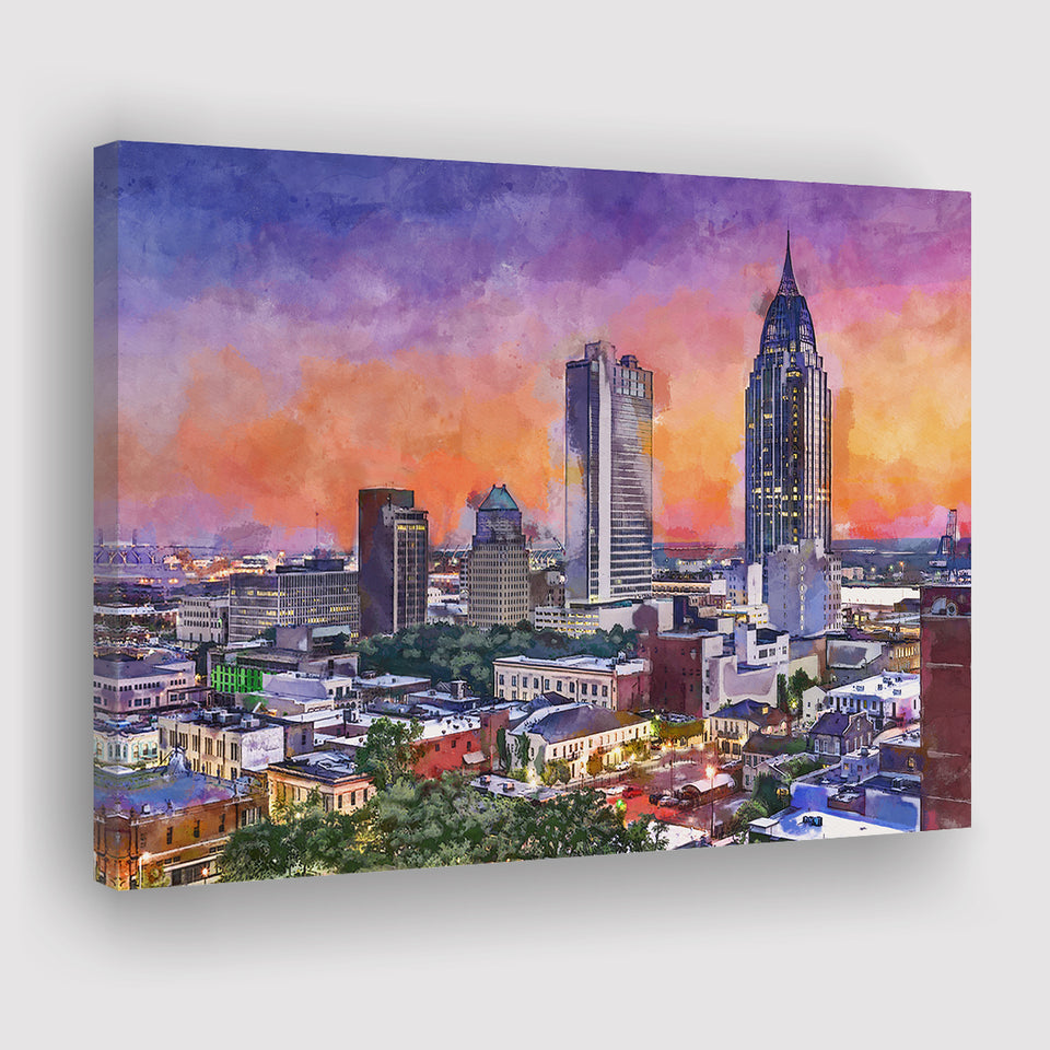 Mobile Alabama Usa Downtown Skyline Dusk City Art Watercolor Canvas Prints Wall Art Home Decor, Large Canvas