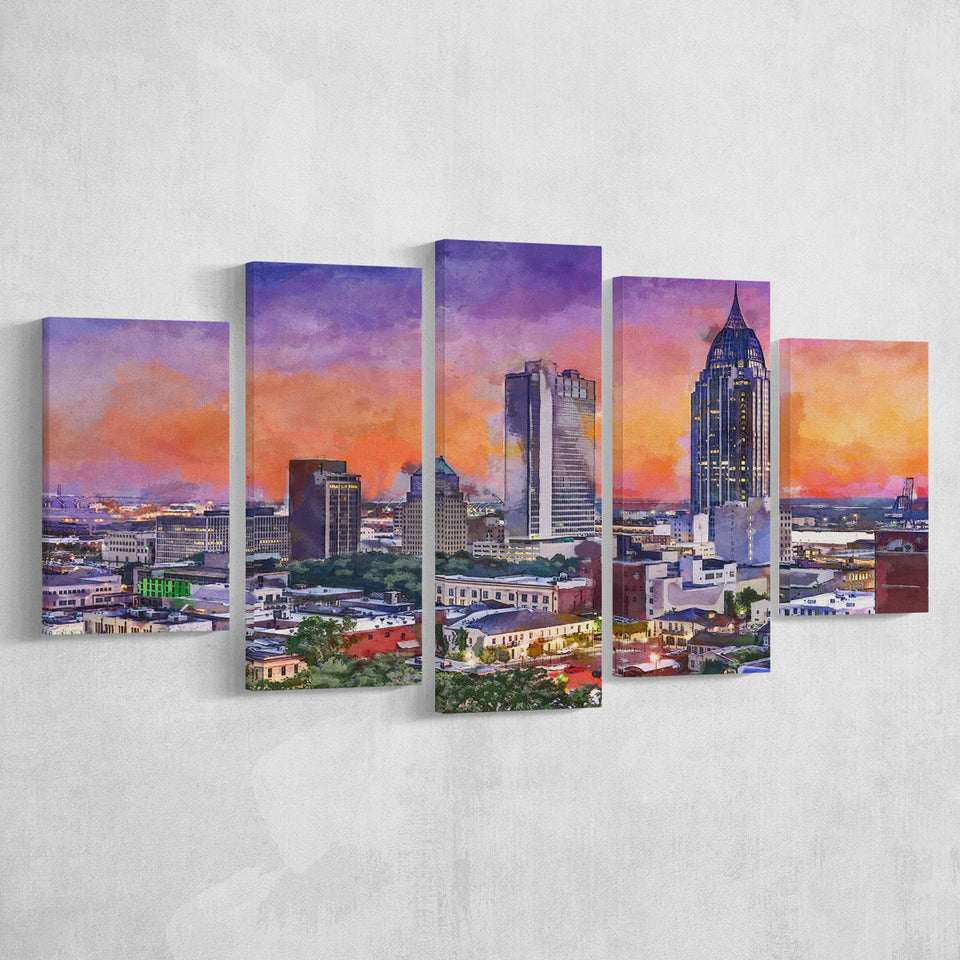Mobile Alabama Usa Downtown Skyline Dusk 5 Pieces Mixed Canvas Prints Wall Art Home Decor