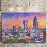 Mobile Alabama Usa Downtown Skyline Dusk City Art Watercolor Canvas Prints Wall Art Home Decor, Large Canvas