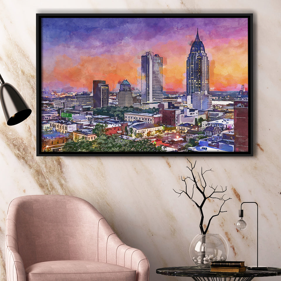 Mobile Alabama Usa Downtown Skyline Dusk City Art Watercolor Framed Canvas Prints Wall Art Home Decor,Floating Frame