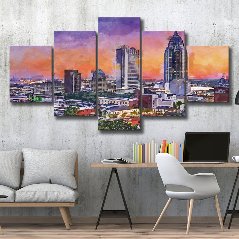 Mobile Alabama Usa Downtown Skyline Dusk 5 Pieces Mixed Canvas Prints Wall Art Home Decor