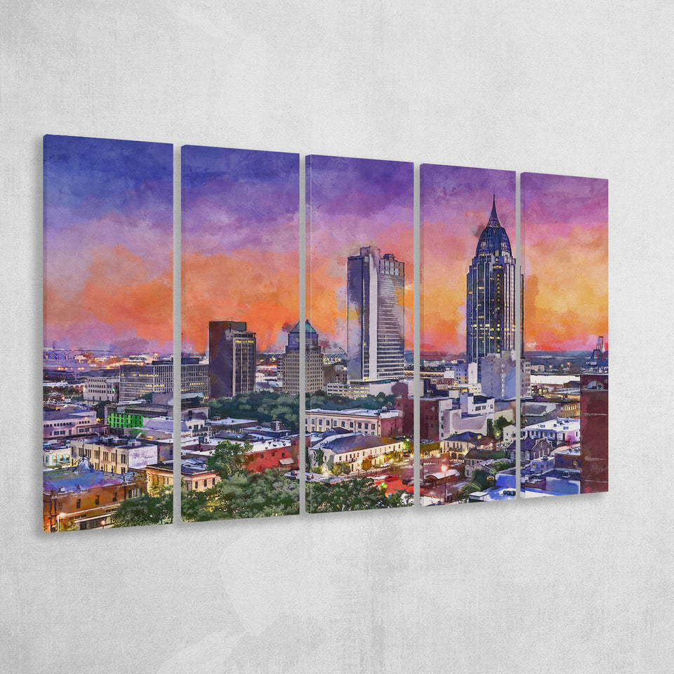 Mobile Alabama Usa Downtown Skyline Dusk 5 Pieces Extra Large Canvas Prints Wall Art Home Decor